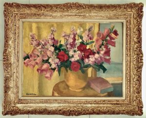 KVAPIL Charles - Nature morte au bouquet de fleurs et livre sur un guéridon